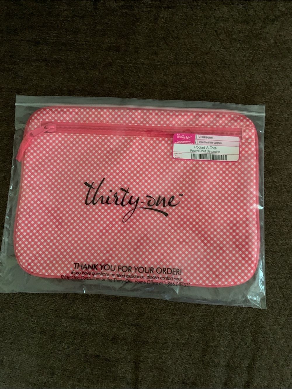 Thirty-One Retired Coral Mini-Gingham Pocket-A-Tote